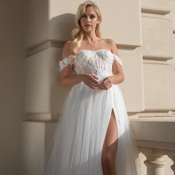 NEW LONG OFF WHITE OFF THE SHOULDER EMBROIDERED WEDDING SLEEVELESS DRESS AC 5023 - Picture 1 of 6